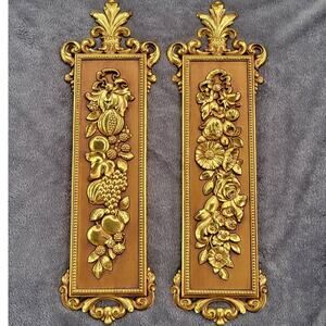 Vintage 1970 Dart Ind. Gold Molded Floral Fruit Ornate Wall Hangings
